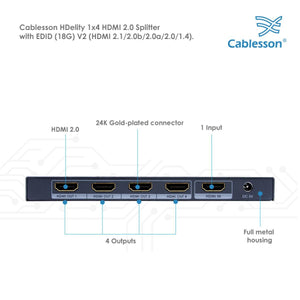 Cablesson 1X4 HDMI 2.0 Splitter mit EDID (18G) v2 mit Ivuna Advanced High Speed 20m HDMI-Kabel mit Ethernet