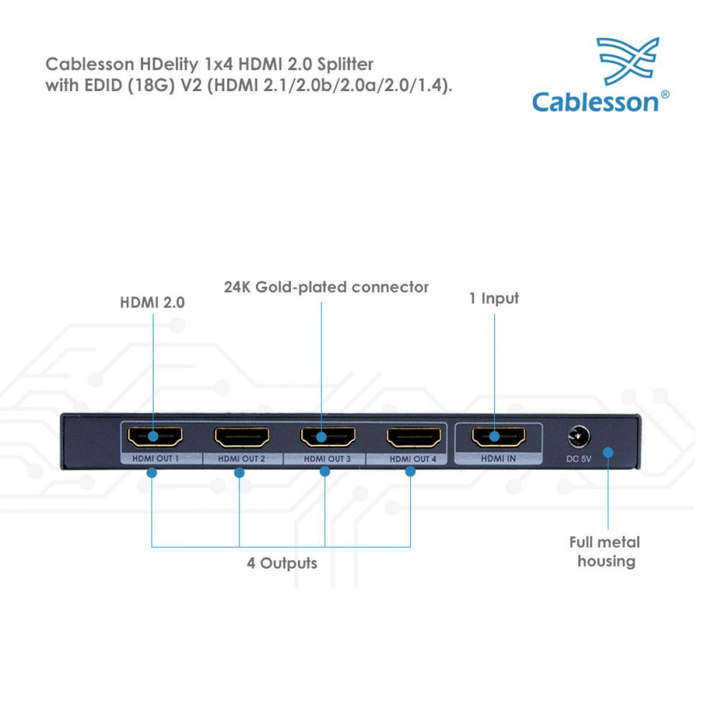 Cablesson 1X4 HDMI 2.0 Splitter mit EDID (18G) v2 + Ivuna Erweiterte HDMI 2.1 - 2m