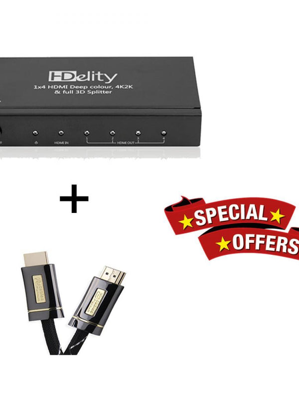 Cablesson HDelity 1x4 HDMI Splitter mit 4K2K mit XO Platinum 2m High Speed ​​HDMI-Kabel mit Ethernet - Schwarz