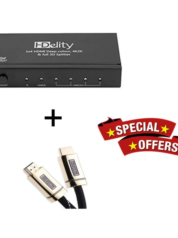 Cablesson HDelity 1x4 HDMI Splitter mit 4K2K mit XO Platinum 18m High Speed ​​HDMI-Kabel mit Ethernet - Gold