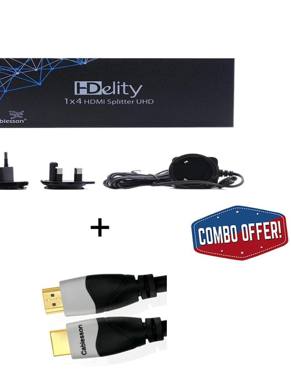 Cablesson 1X4 HDMI 2.0 Splitter mit EDID (18G) v2 mit Ivuna Advanced High Speed ​​4m HDMI-Kabel mit Ethernet