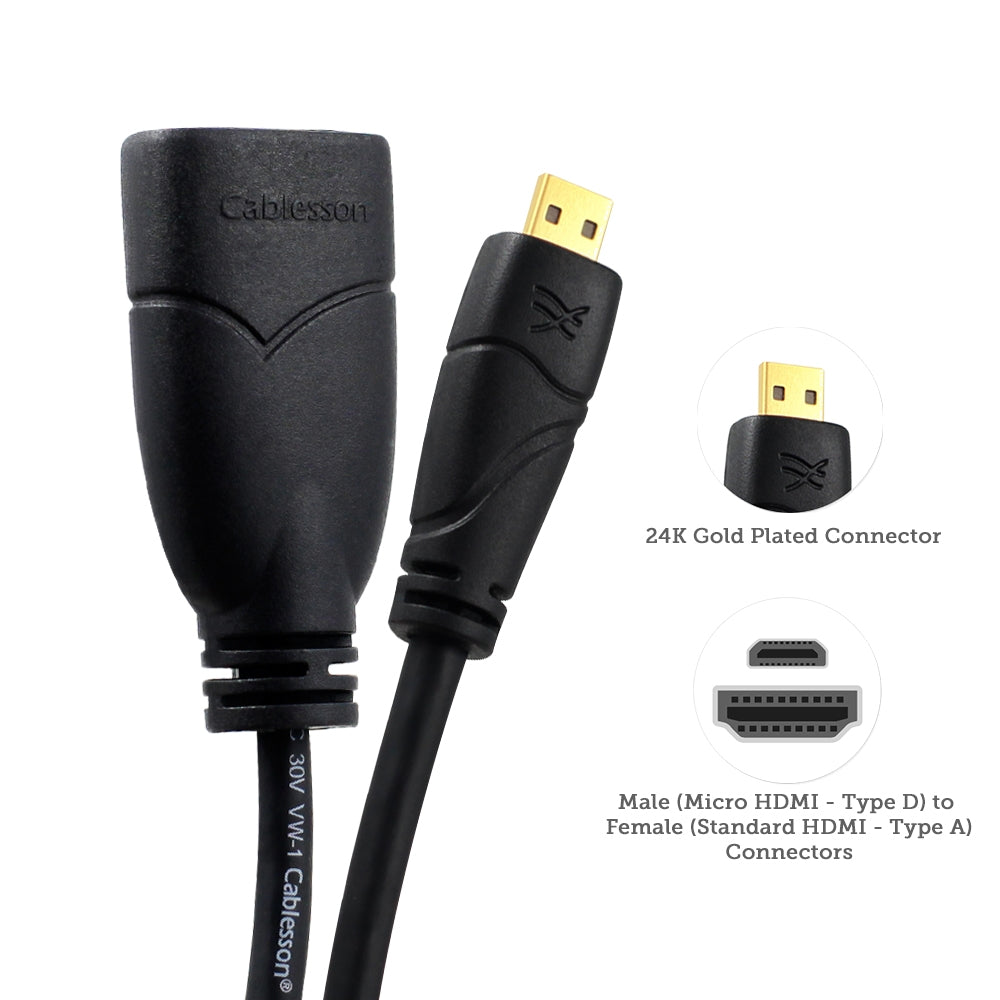 Cablesson Ivuna Micro HDMI 0.2m Extension - upto 1080p - v1.4 / 2.0 - Audio & Video - Full HD - Connecting HD Devices using the new Micro HDMI Connector to PC or TV Gold Plated 3D Full HD 1080p 4k2k