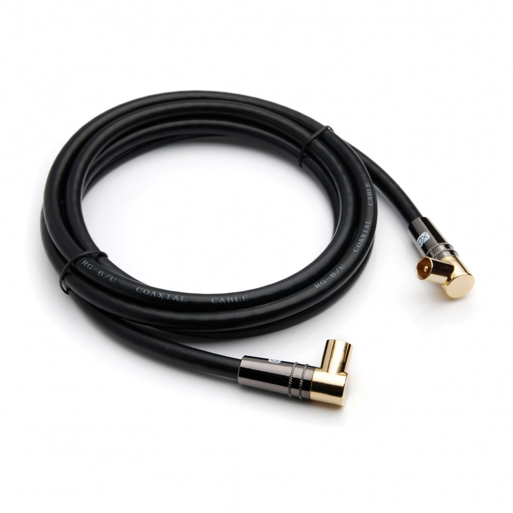 XO Antenna Angled Cable - Black - Male plug to Female socket TV Aerial RG6 Coaxial Cable - 5m