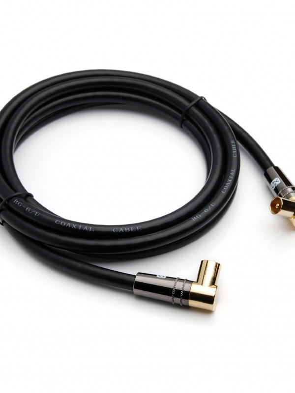 XO Antenna Angled Cable - Black - Male plug to Female socket TV Aerial RG6 Coaxial Cable - 3m